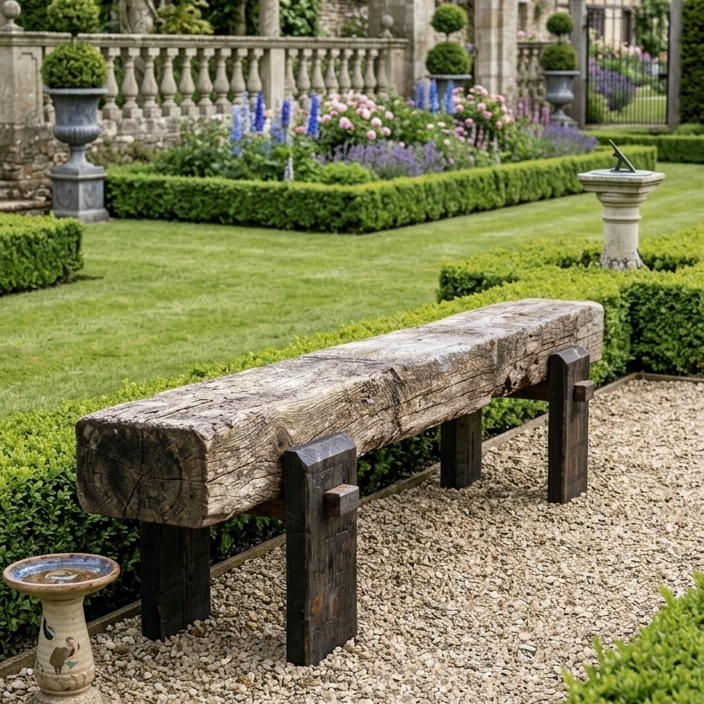 Handmade sleeper bench in formal garden with manicured hedges, dark oak