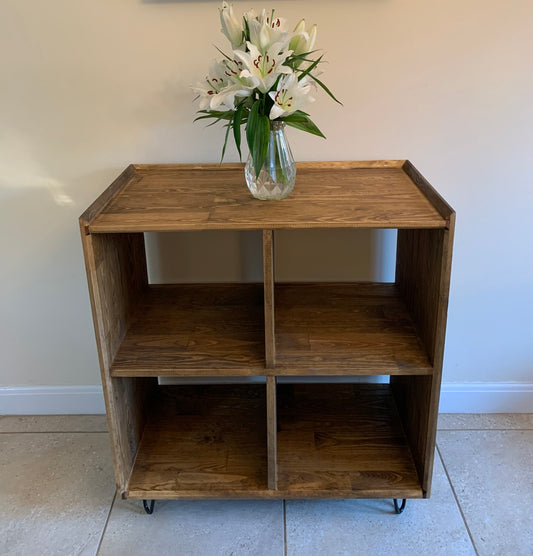 Turntable Stand Shelving Unit in Dark Oak with Hairpin Legs