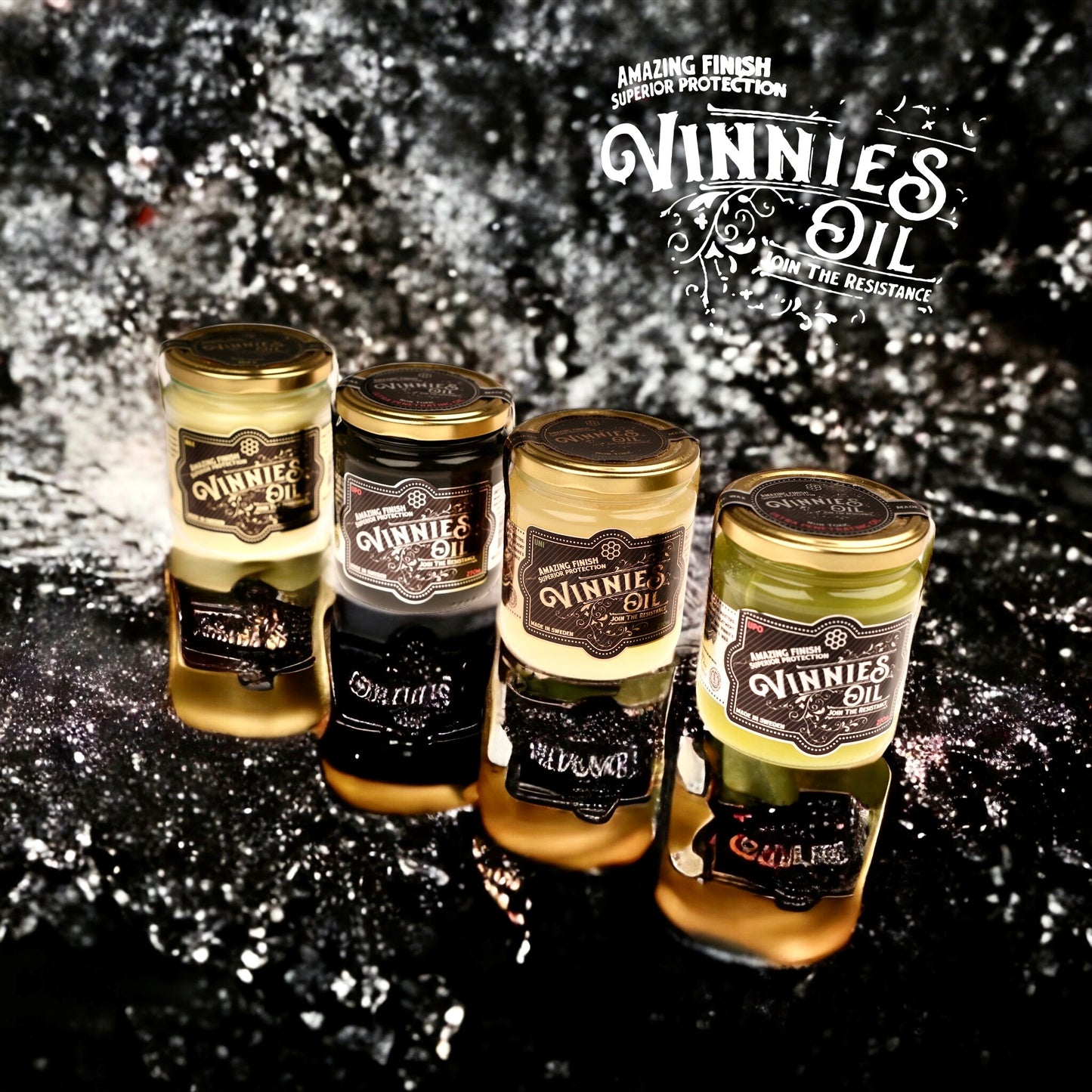 Vinnie's Oil full product range - 4 jars of non-toxic wood oils and sealants