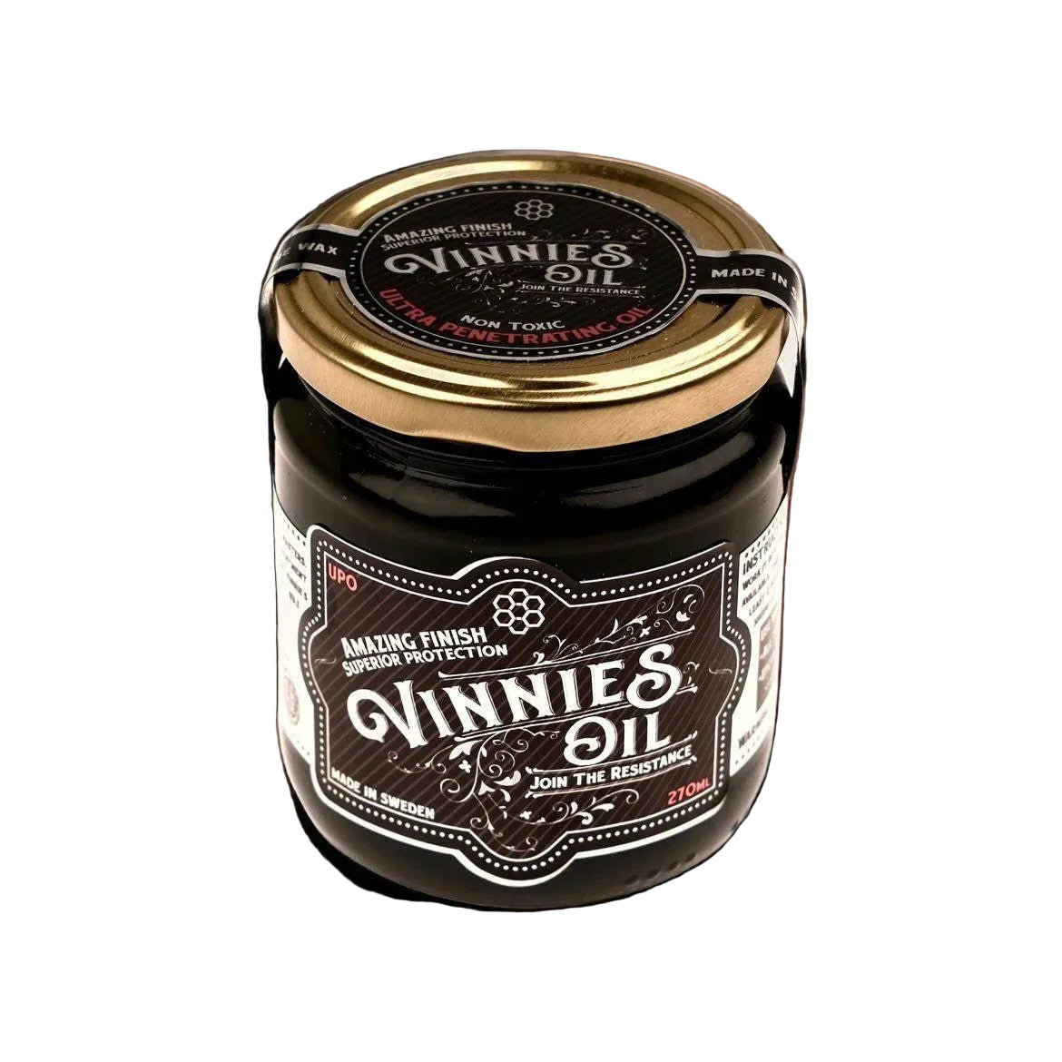 Vinnie's Oil UPO Dark 350g jar — rustic dark hardwax oil with iron oxide pigment, made in Sweden