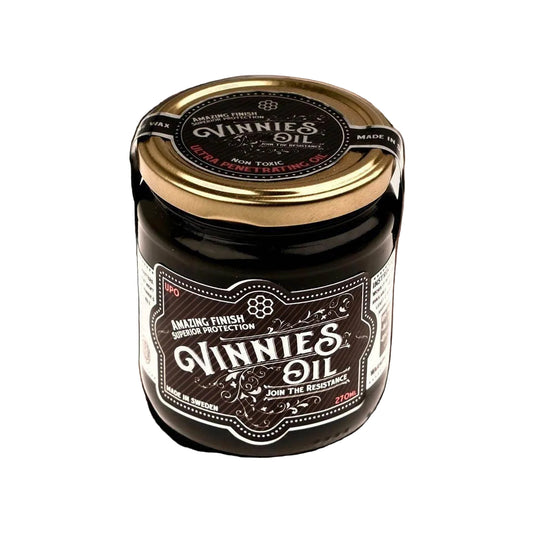 Vinnie's Oil UPO Dark 350g jar — rustic dark hardwax oil with iron oxide pigment, made in Sweden