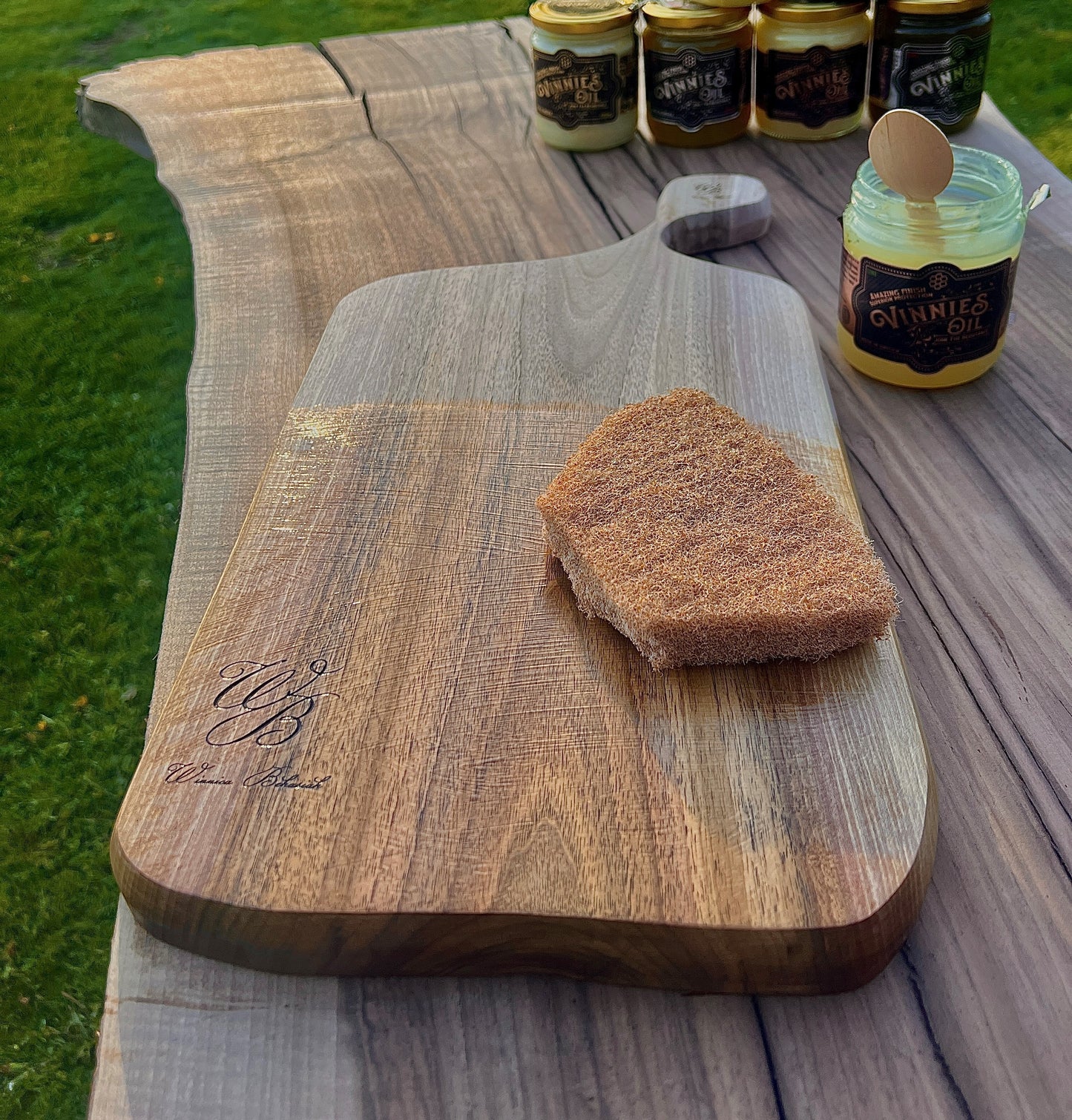 Vinnies Oil UPO and Wax applied to wood surface - natural satin finish non-toxic treatment