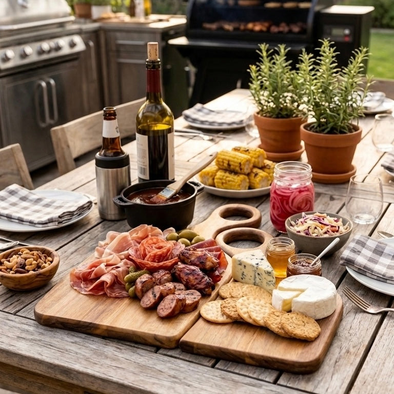 Yin Yang wooden charcuterie board set styled with meats, cheese, crackers and wine at an outdoor dining table