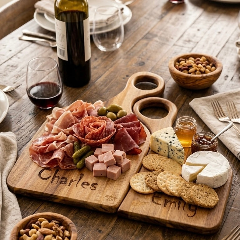 Personalised Yin Yang charcuterie board set engraved with Charles and Emily, styled with meats, cheese, crackers and honey