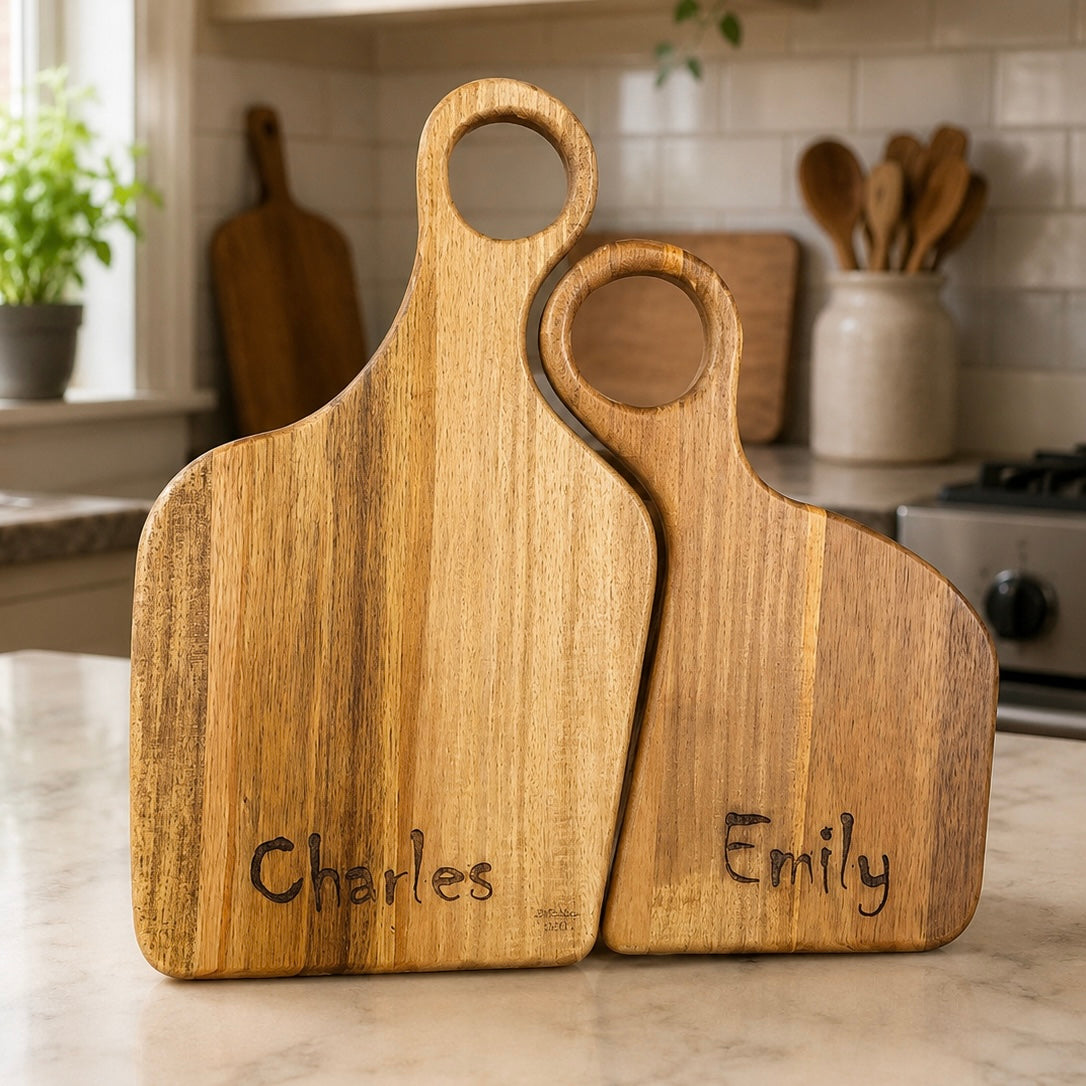Personalised Yin Yang charcuterie board set engraved with names Charles and Emily on kitchen counter