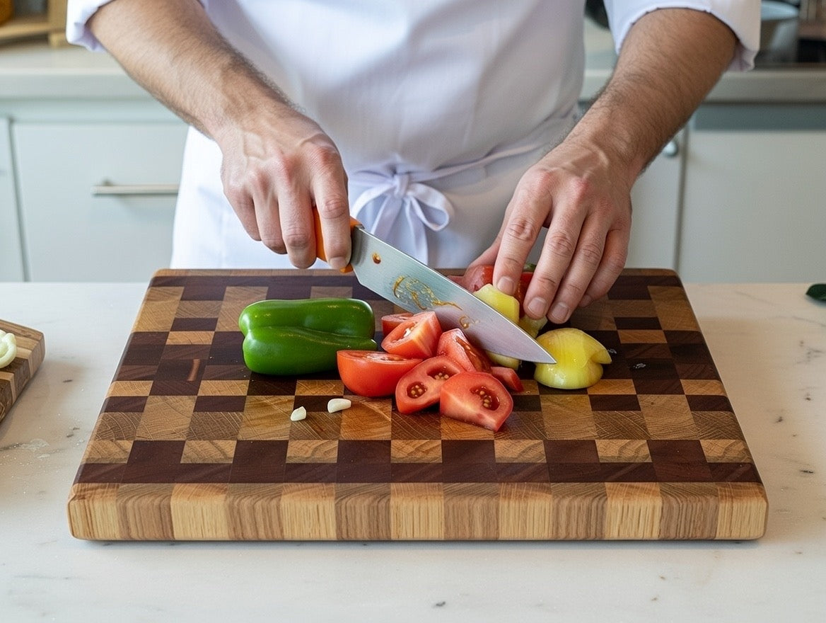Handmade end grain chopping board with checkerboard pattern being used by chef on marble kitchen island