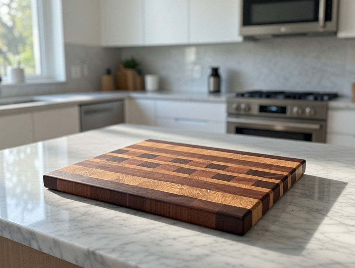 Handmade end grain chopping board with checkerboard pattern on white quartz kitchen worktop