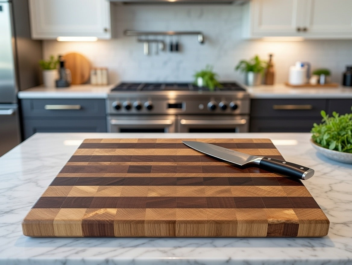 Handmade striped end grain chopping board with chef's knife on marble worktop, range cooker in background